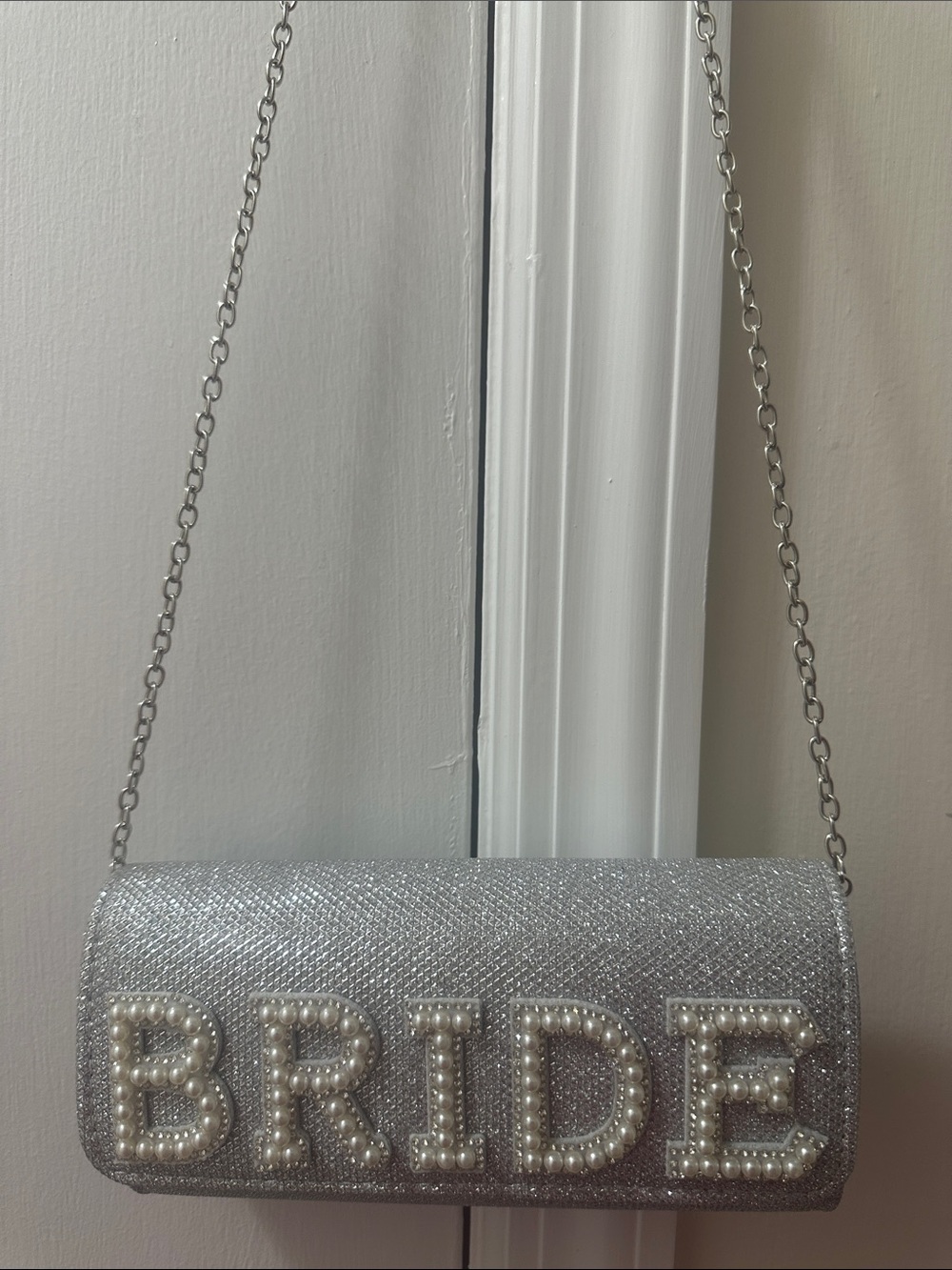 Silver 'BRIDE' Pearl Embellished Evening Clutch